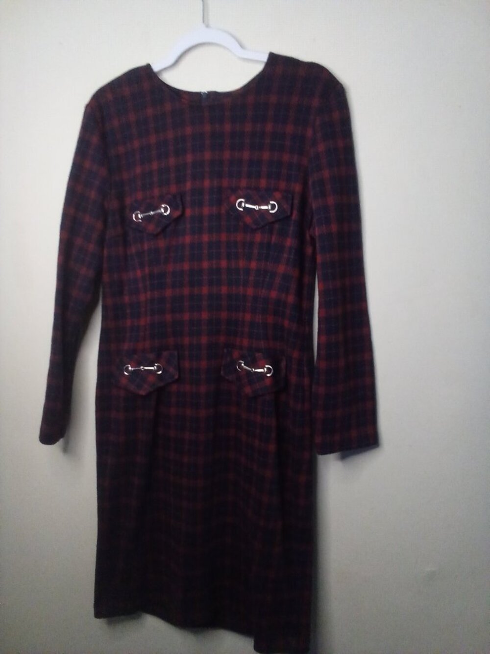 Miss Dorby Dress Women 10 Vintage Long Sleeve Metal Accents Plaid Red Blue